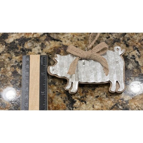 Rustic Farm Animal Ornament Metal Wood Pig Christmas Holiday NEW Set Of 2 - Picture 4 of 4